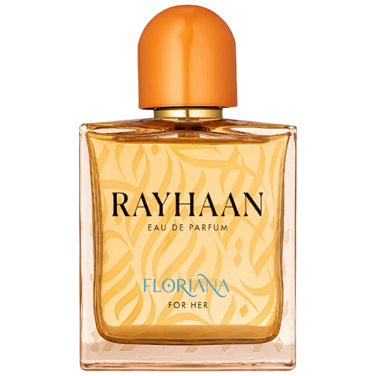 Frontal view of the square glass flacon featuring an amber-gold inner chamber embossed with subtle calligraphy, labeled "RAYHAAN FLORIANA FOR HER", and crowned with a smooth, glossy orange dome cap.