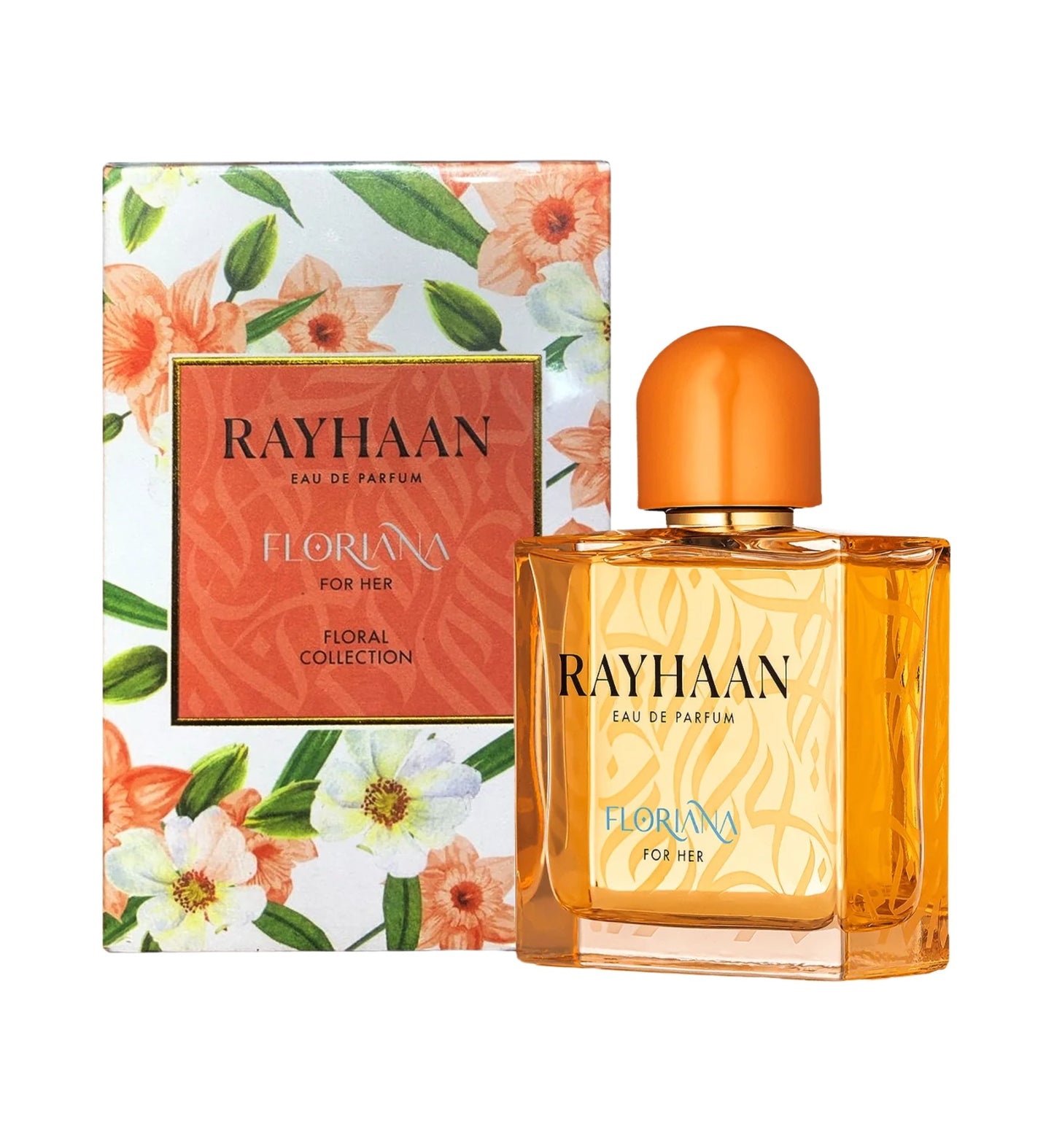 Rayhaan Floriana For Her set displaying the white box decorated with vibrant peach, orange, and white floral artwork around a coral calligraphic panel, next to the golden-hued glass flacon with an orange rounded cap.