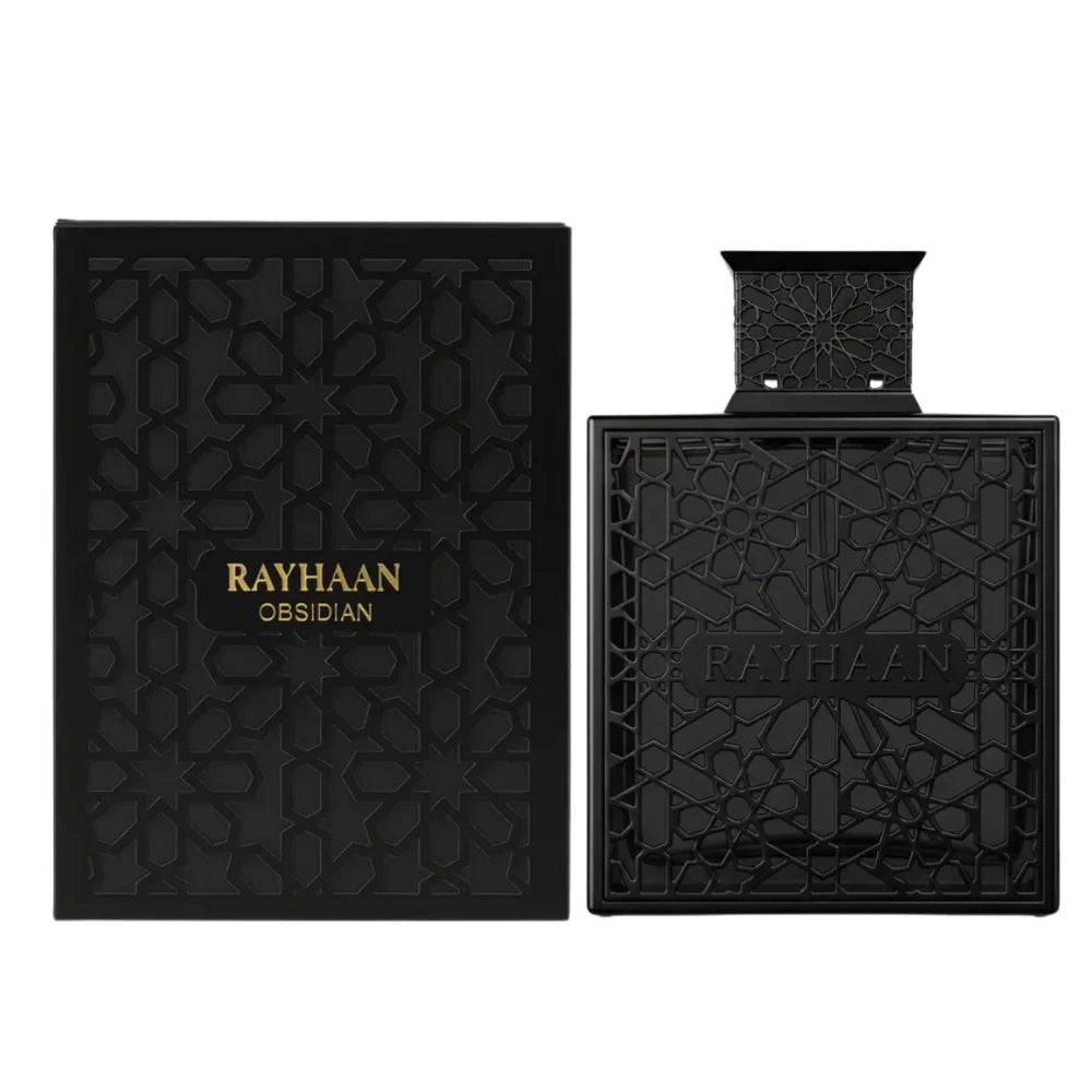 Rayhaan Obsidian set showcasing the matte-black box detailed with raised black arabesque geometric patterns and gold lettering reading "RAYHAAN OBSIDIAN" alongside the matching black-caged flacon.