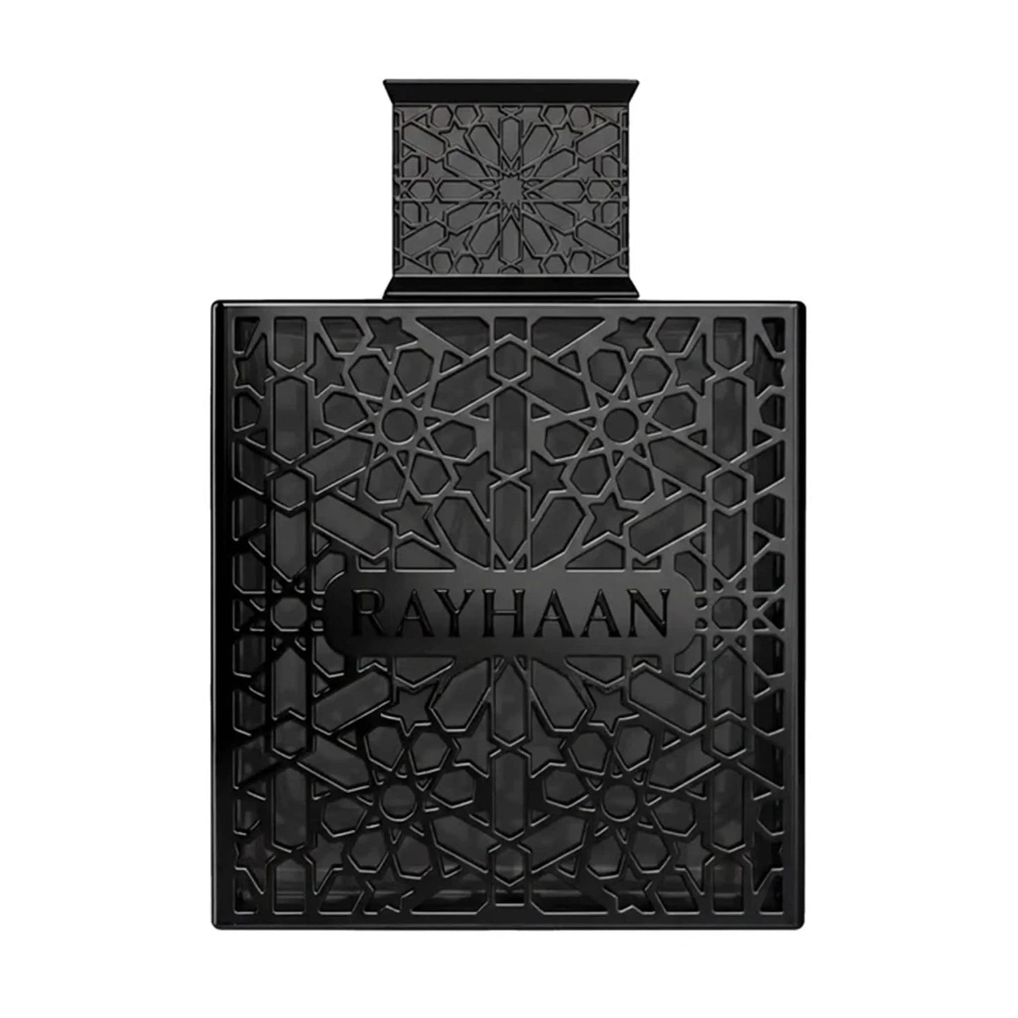 Frontal view of the square dark bottle encased in a matte-black geometric lattice cage, centered with a black plaque embossed with "RAYHAAN" and topped with a matching black arabesque patterned cap.
