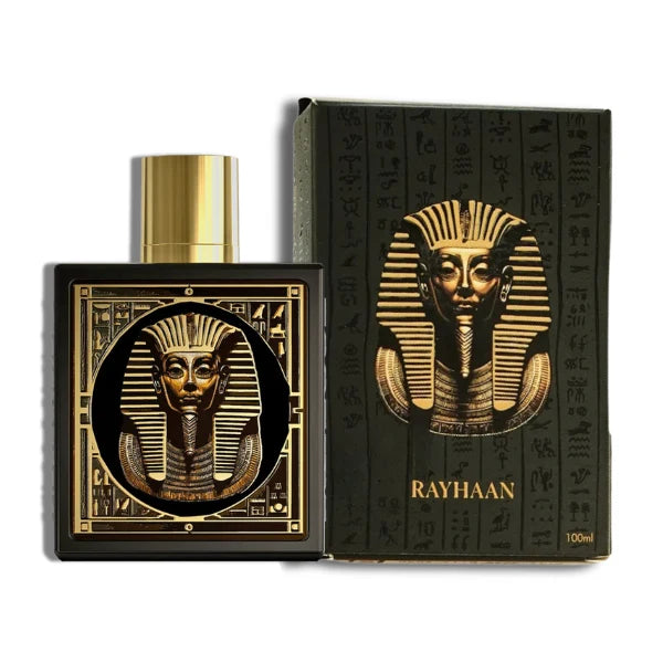Rayhaan Pharaoh set displaying the matte black presentation box detailed with hieroglyphic engravings and a golden Pharaoh mask motif alongside the matching square flacon.