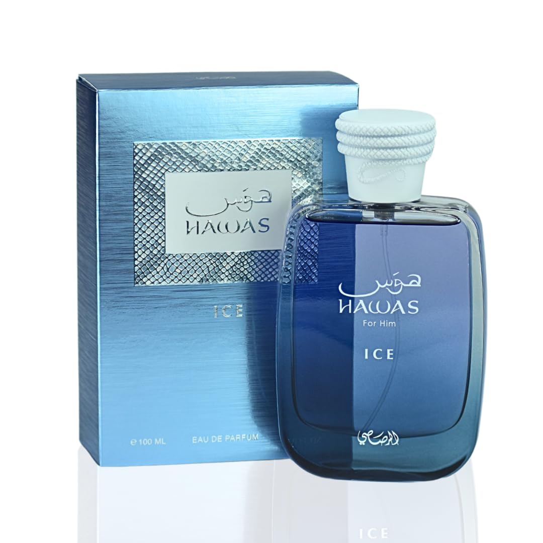 A bottle of HAWAS ICE For Him Eau De Parfum next to its blue packaging box, featuring a blue gradient design and silver accents on a white background.