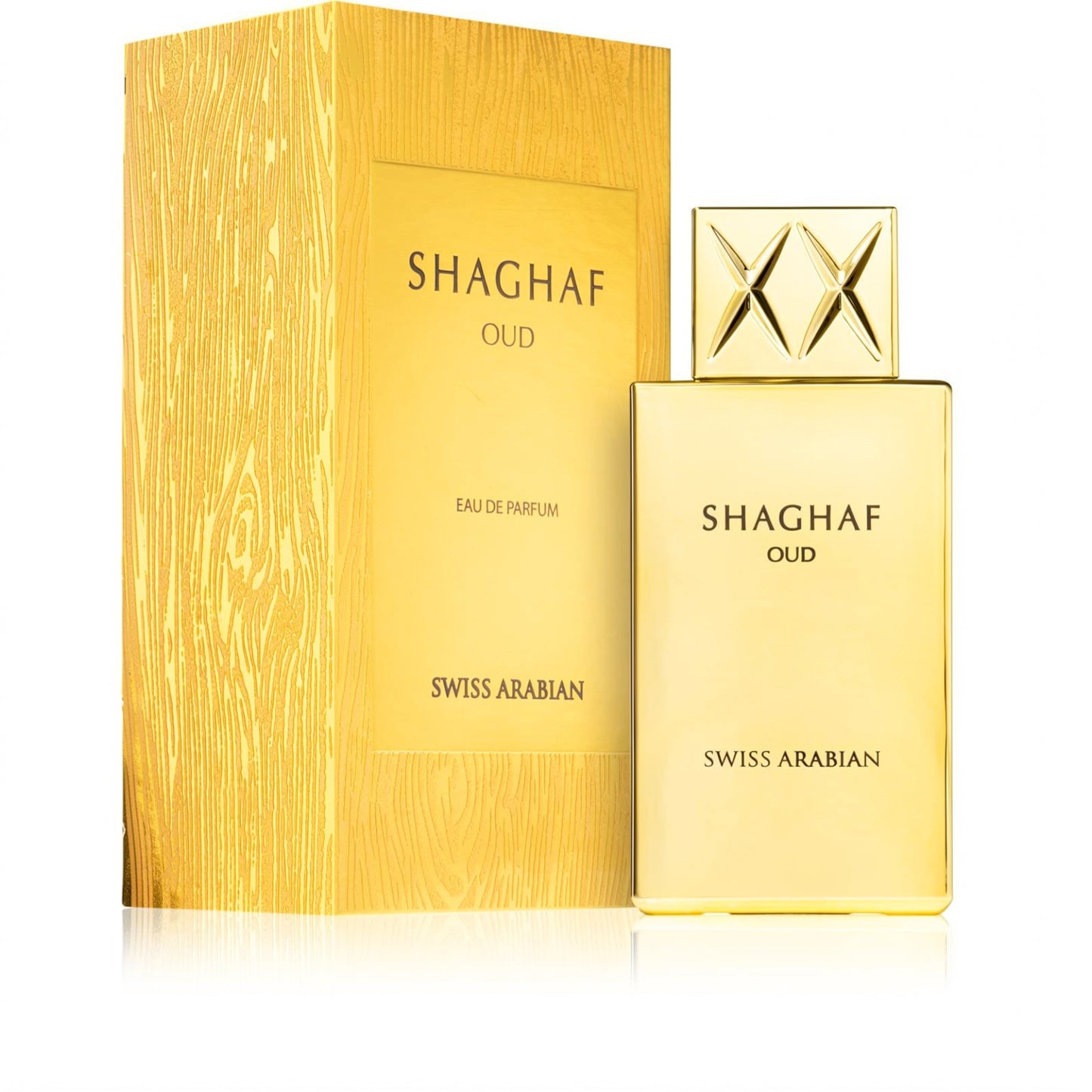 Swiss Arabian Shaghaf Oud Eau de Parfum 75 mL gold perfume bottle and original box