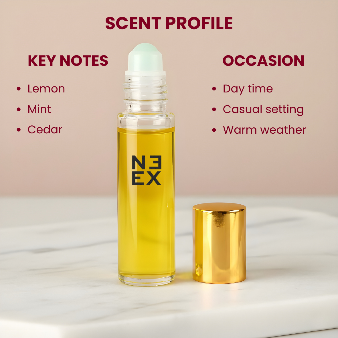 Concentrated citrus aromatic perfume oil with notes of mint, lily-of-the-valley, and amber – bright & zesty.