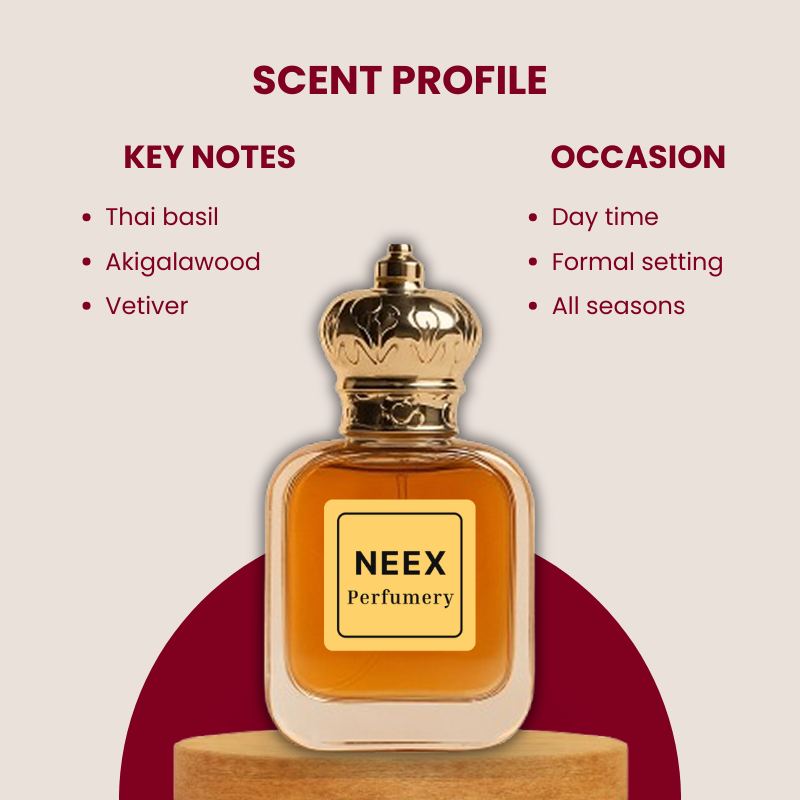 Modern woody fragrance with Thai basil, Akigalawood, and vetiver – fresh & mineral.