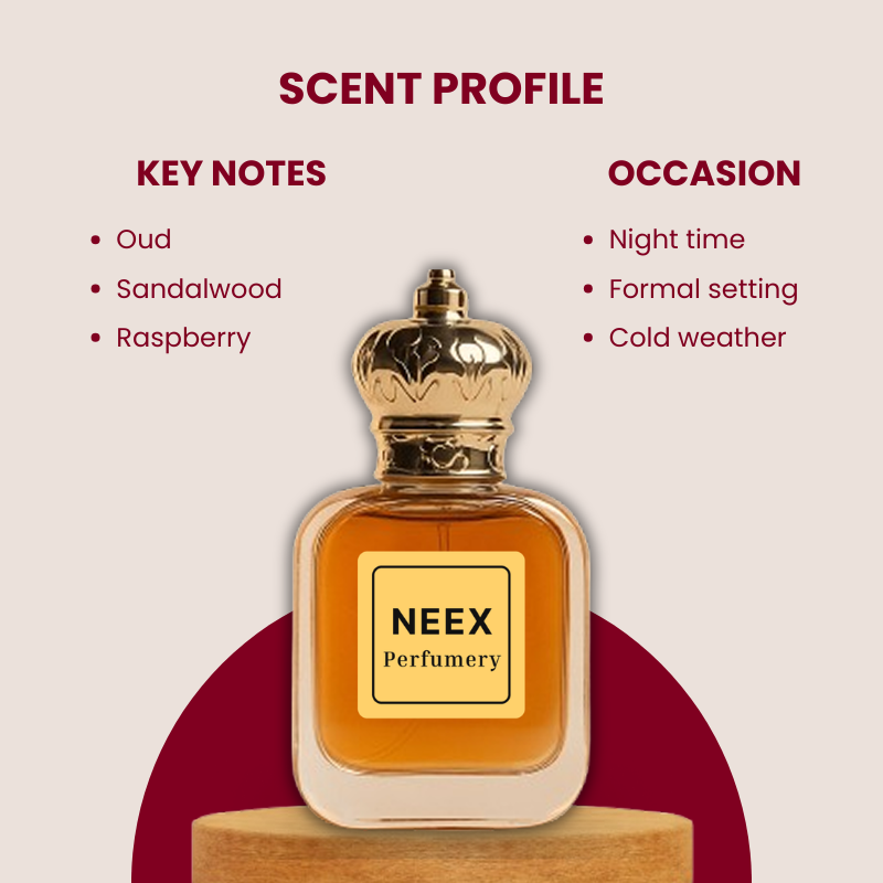 Luxury woody fragrance with oud, sandalwood, and raspberry – rich & velvety.