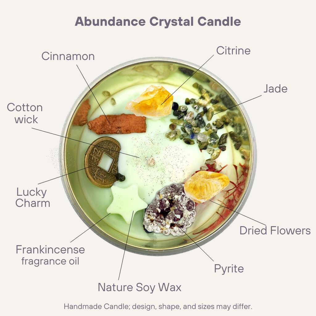 Abundance crystal Candle, crystal candel, abundance, handmade candle, nature soy wax, citrine, pyrite, frankincense, scented candle,