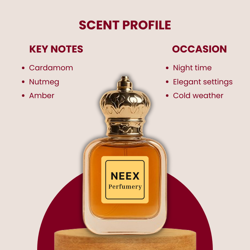 Luxury fragrance with cardamom, nutmeg, and amber – deep and seductive