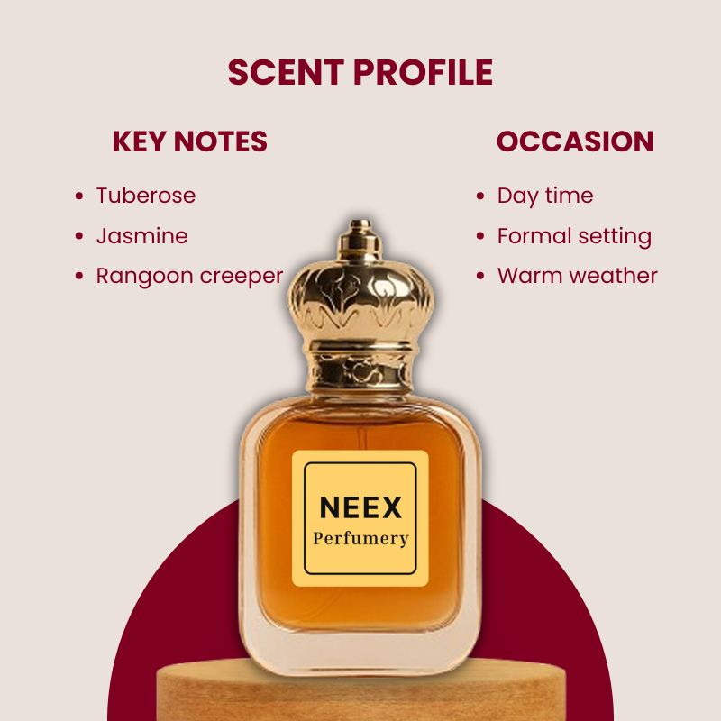 Luxury fragrance with tuberose, jasmine, Rangoon creeper – sensual & elegant.