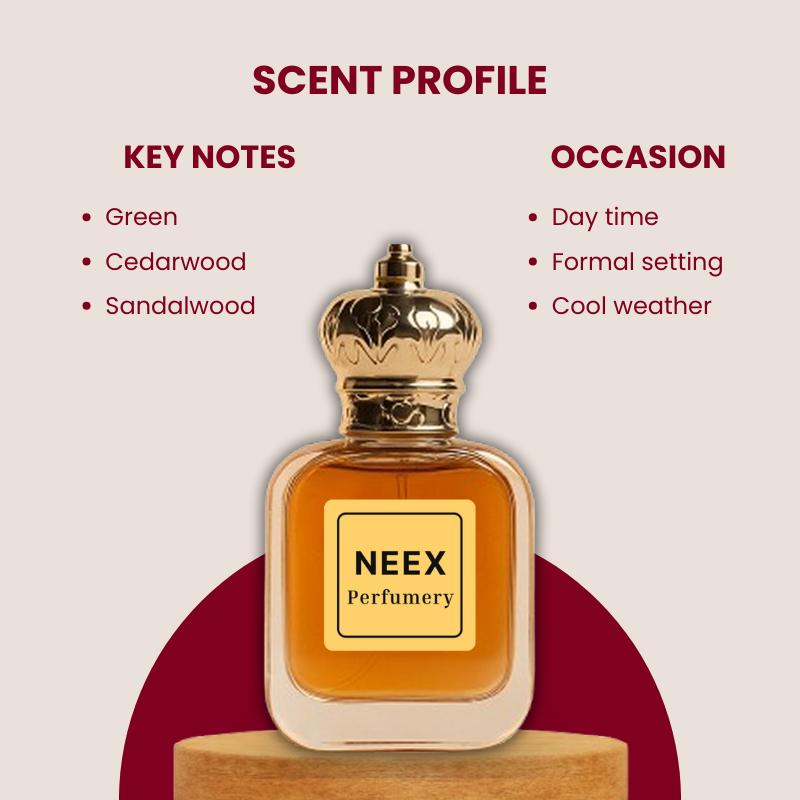 Aromatic greens, cedarwood, sandalwood – woody & refined