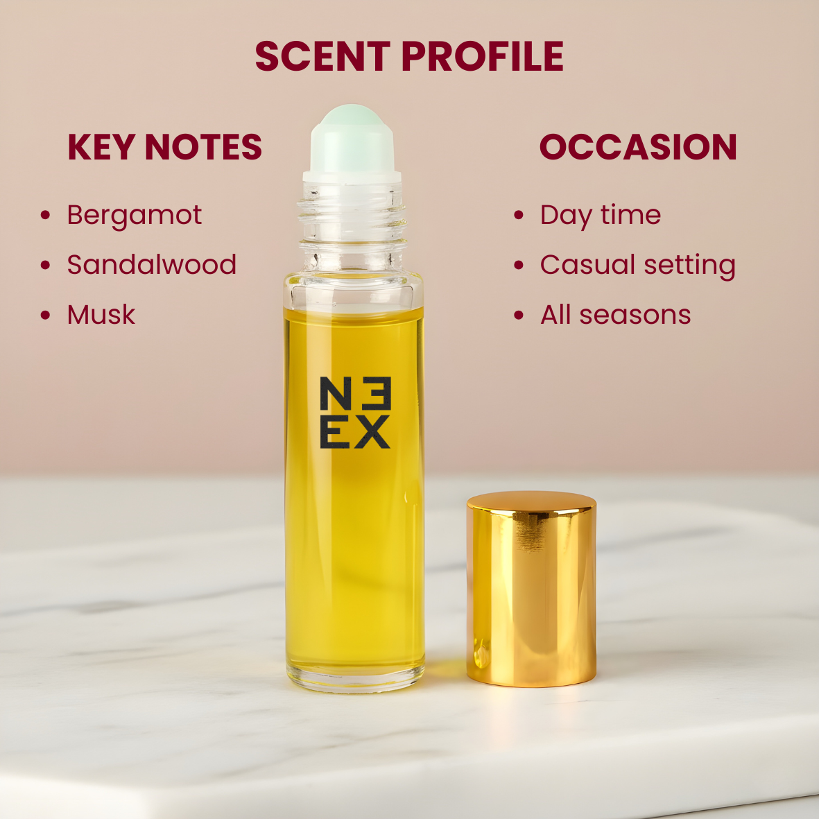 Luxury perfume oil with citrus top, green-woody heart and warm dry-down – adventurous & refined