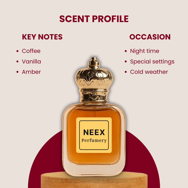 Luxury fragrance with coffee, vanilla, and amber – warm and enveloping