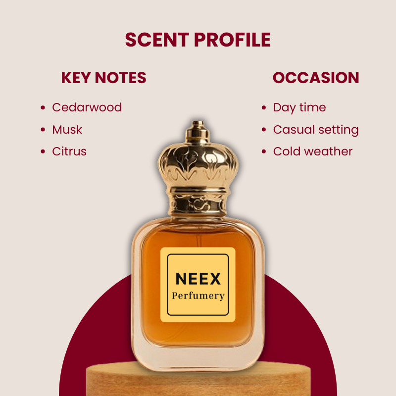 Luxury fragrance with cedarwood, musk, citrus – subtle & elegant