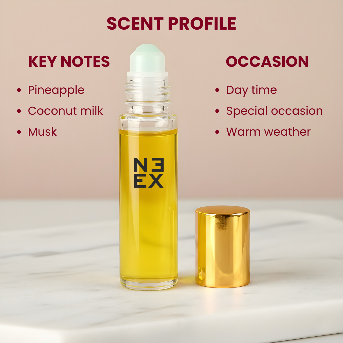 Luxury perfume oil with watermelon-guava top, coconut-pineapple heart and soft woods – tropical & radiant