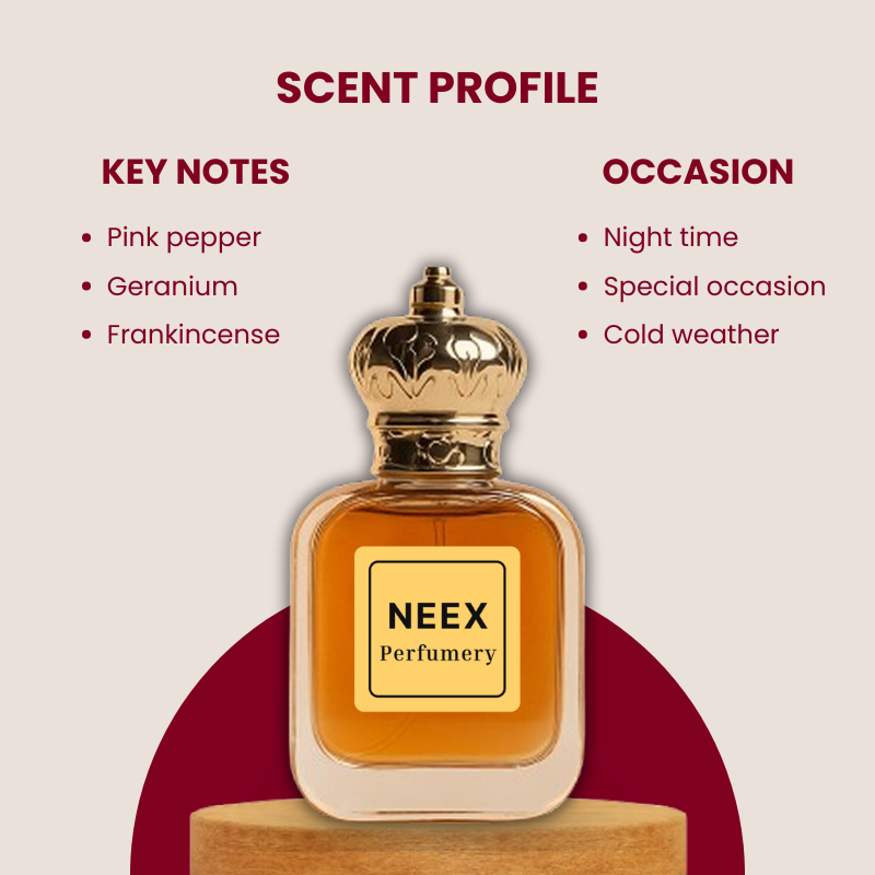 Woody and spicy fragrance with pink pepper, geranium, and frankincense – refined and elegant