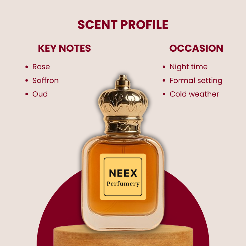 Luxury fragrance with rose, saffron, oud – bold & elegant