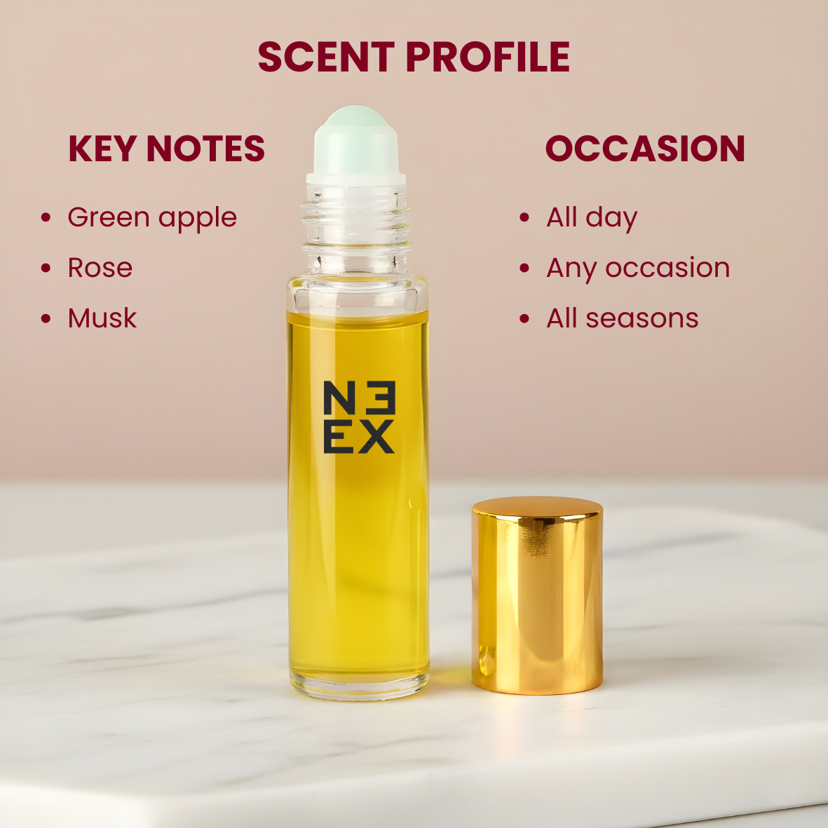 Luxury perfume oil with green apple, rose and warm amber-patchouli – elegant & confident