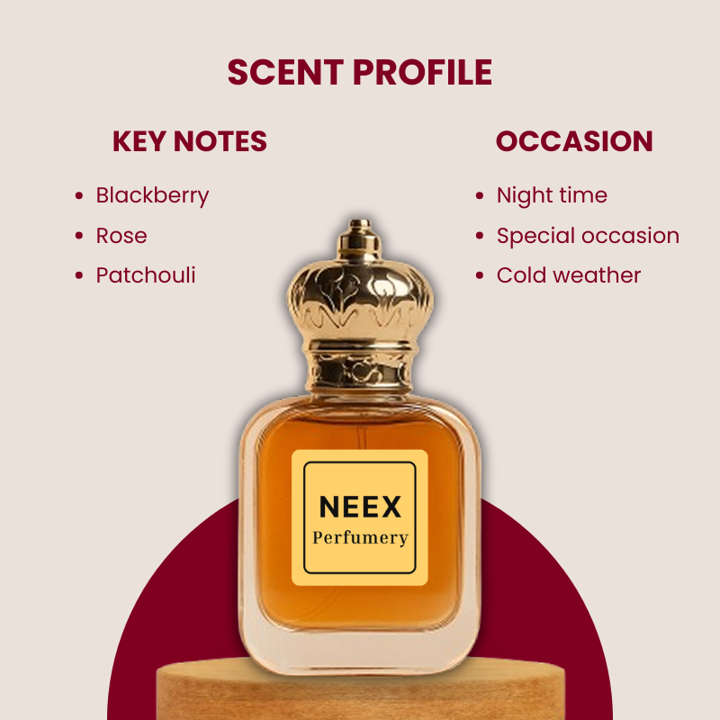 Luxury fragrance with blackberry, rose, patchouli – sensual & elegant.
