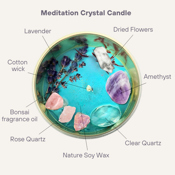 100% Natural, Handmade, 100% Vegan, Clean burn for more than 40 hours, and Eco Friendly, Bonsai and Citrus Oil, Amethyst, Rose Quartz, Clear Quartz, Lavender, Meditation crystal candle, candle