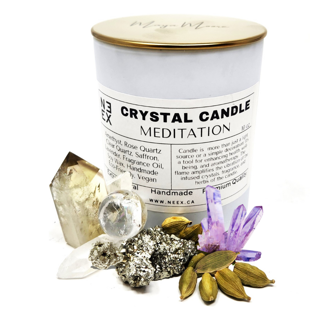 100% Natural, Handmade, 100% Vegan, Clean burn for more than 40 hours, and Eco Friendly, Bonsai and Citrus Oil, Amethyst, Rose Quartz, Clear Quartz, Lavender, Meditation crystal candle, candle