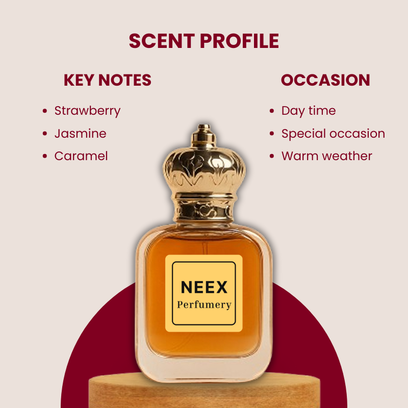 Luxury fragrance with strawberry, jasmine, caramel – playful & charming