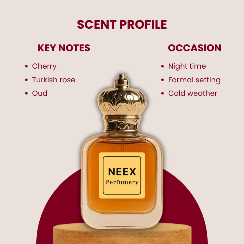 Luxury fragrance with cherry, Turkish rose, oud – sensual & elegant.