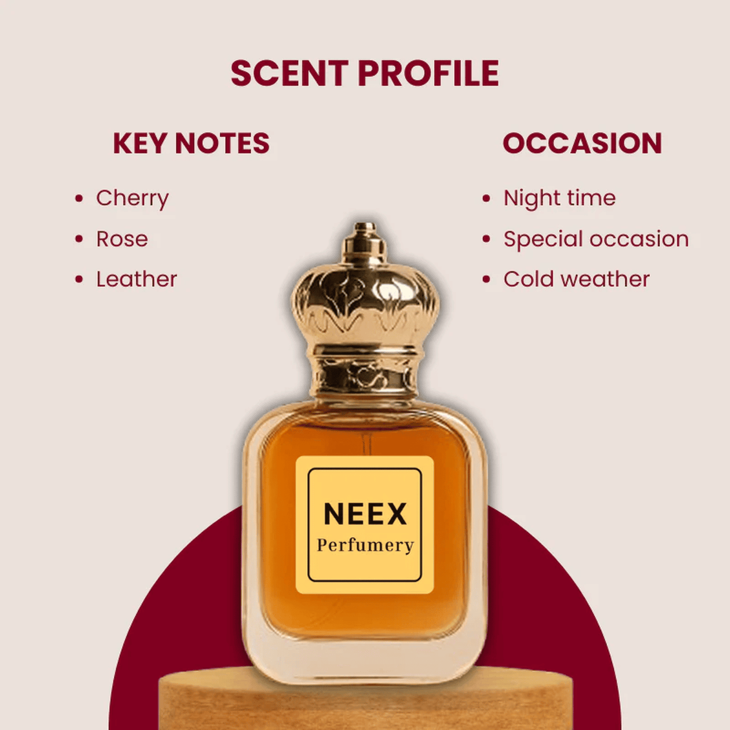 Luxury fragrance with cherry, rose, leather – sensual & elegant.