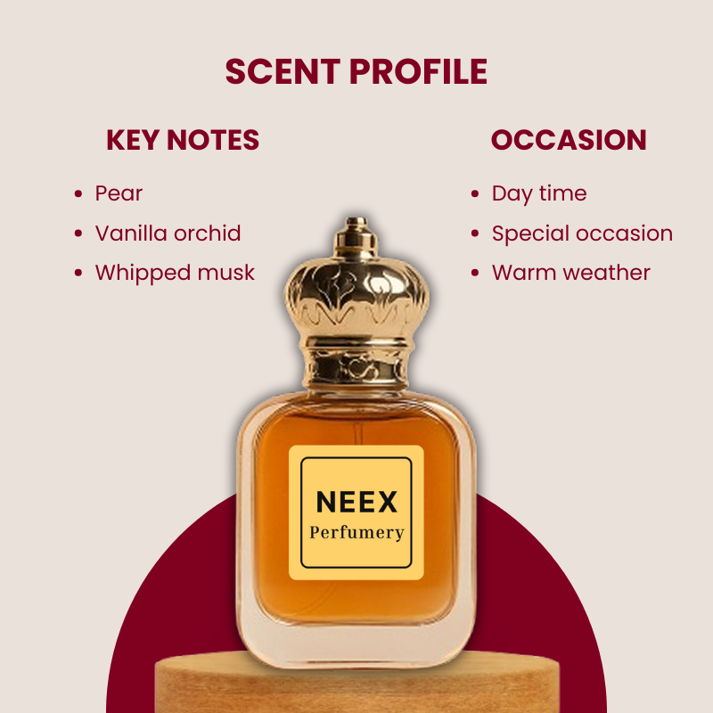 Sweet feminine fragrance with pear, vanilla orchid, and whipped musk – soft and charming
