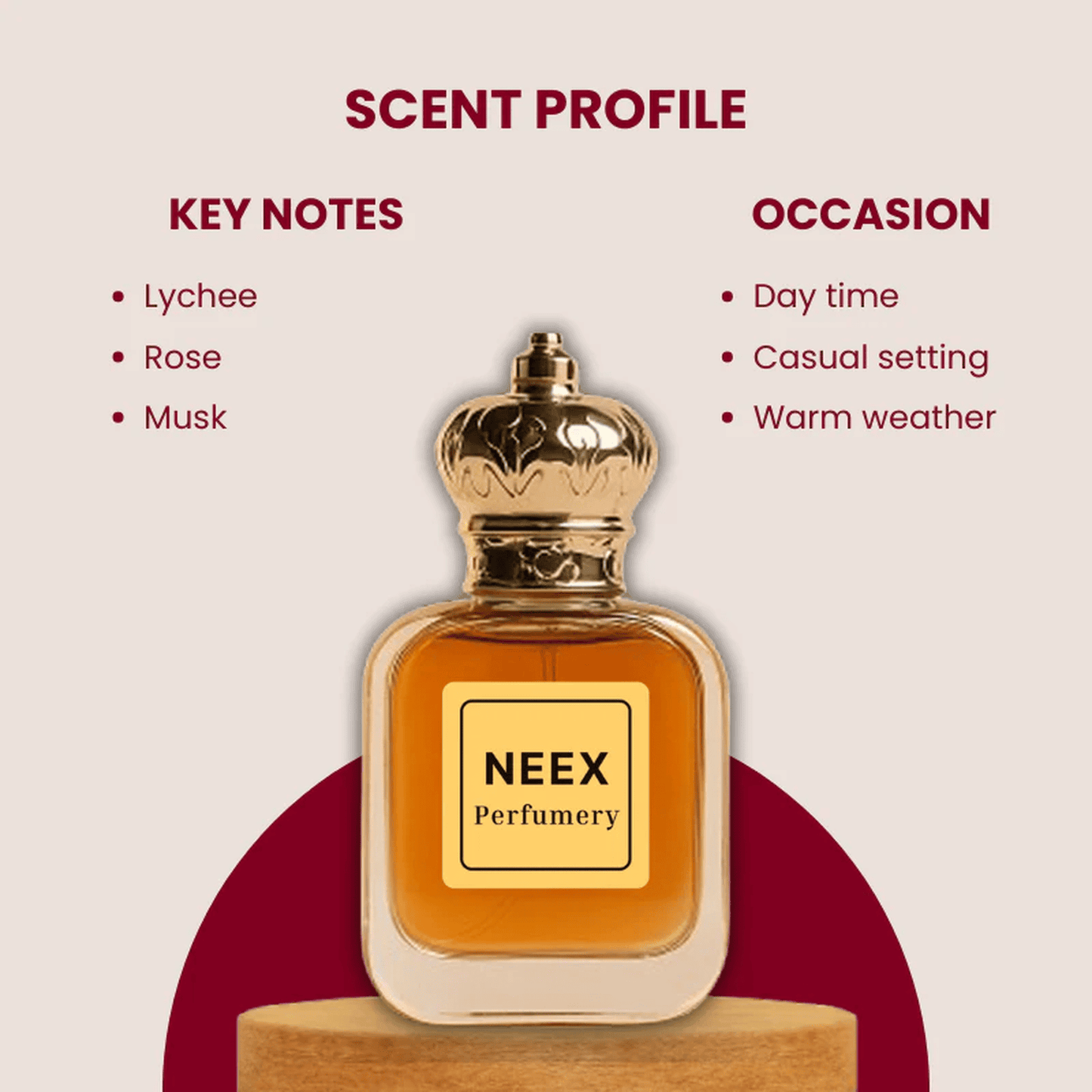 Luxury fragrance with lychee, rose, musk – sensual & elegant.