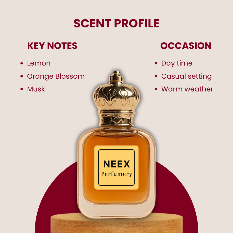 Fresh fragrance with lemon, orange blossom, and musk – vibrant and uplifting
