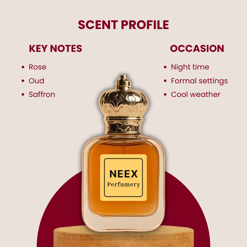 Luxury fragrance with rose, oud, saffron – deep & luxurious