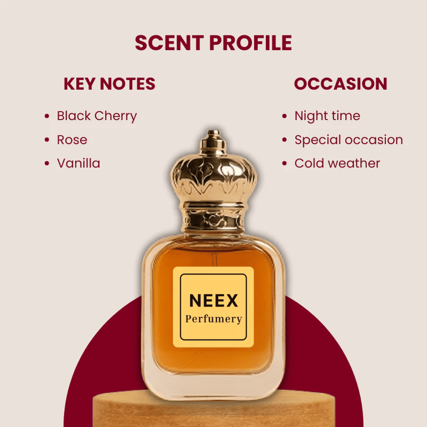Amber floral fragrance with black cherry, rose, and vanilla – seductive and warm