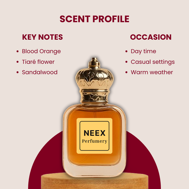 Radiant citrus fragrance with blood orange, Tiaré flower, and sandalwood – warm and elegant