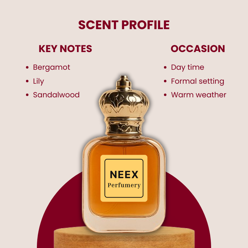 Luxury fragrance with bergamot, lily, sandalwood – sensual & elegant.