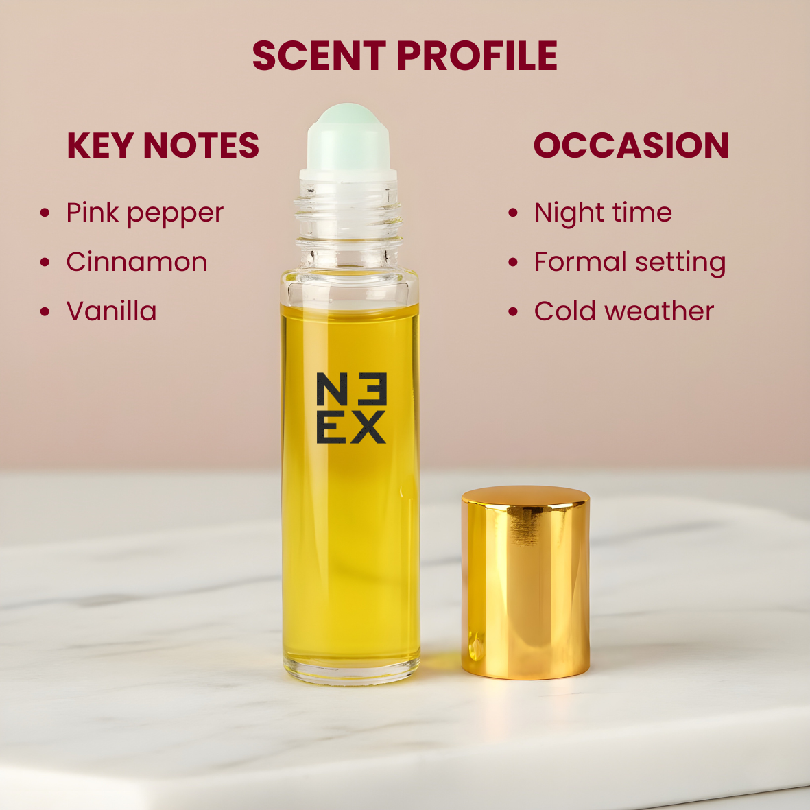 Luxury perfume oil with pink pepper, cinnamon, and vanilla — sweet & cozy
