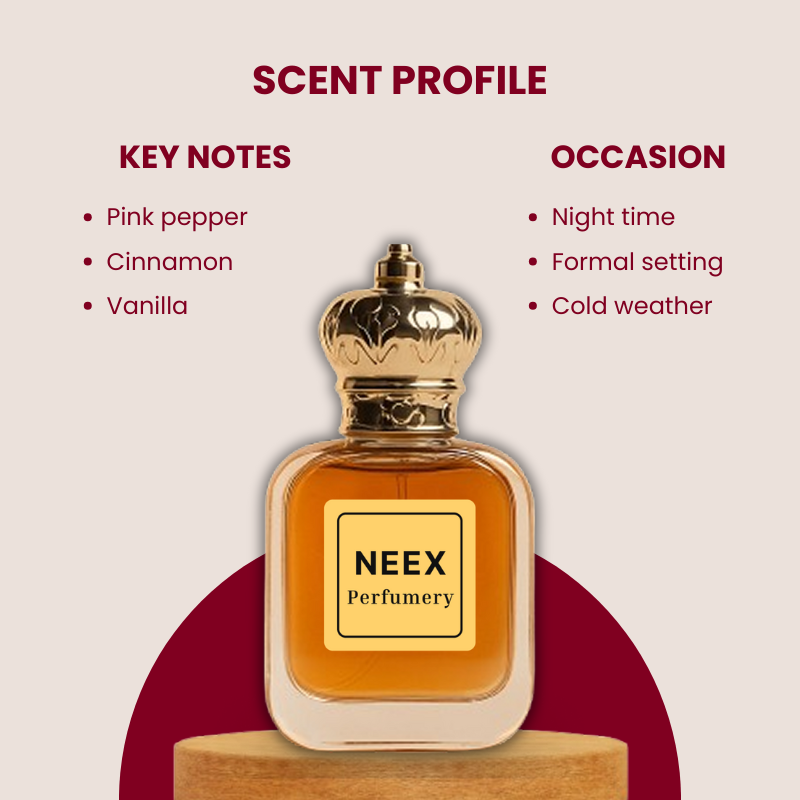 Warm intense fragrance with pink pepper, cinnamon, and vanilla – bold and romantic
