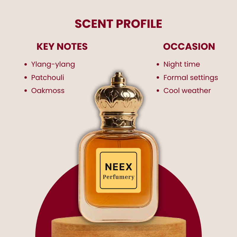 Luxury fragrance with ylang-ylang, patchouli, oakmoss – floral & earthy